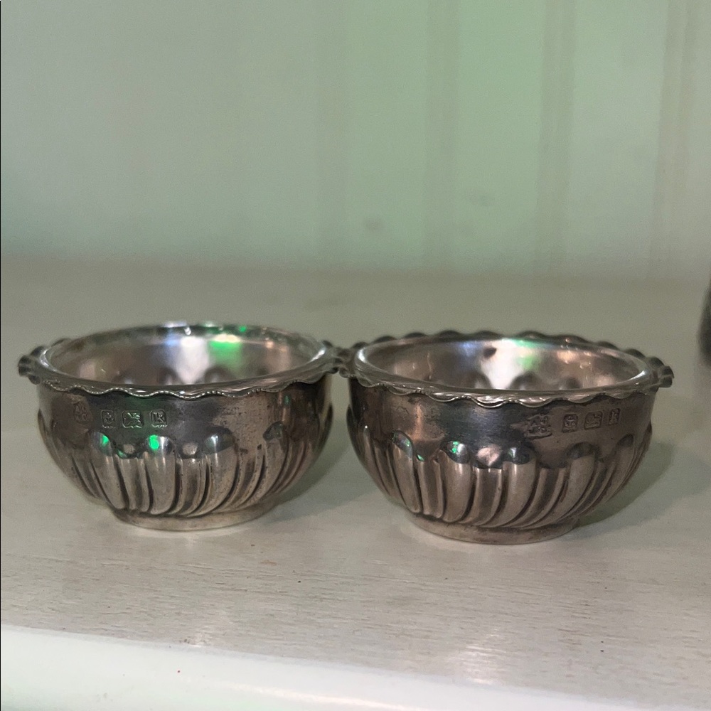 Set Antique Sterling Silver Alexander Clark London Salt Cellars & inserts - Picture 2 of 6
